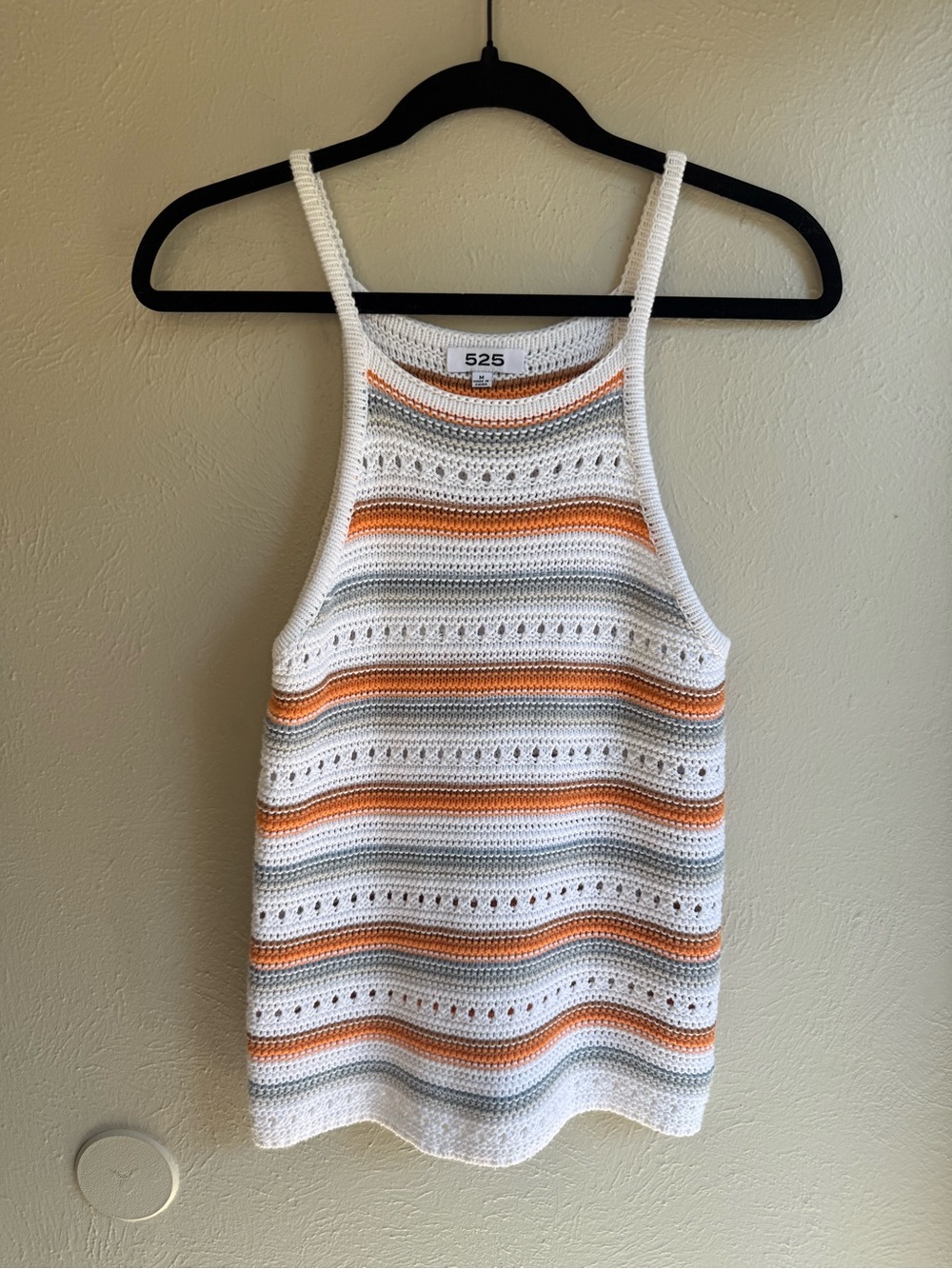 525 White Crochet Tank with Orange & Gray Stripe Accents